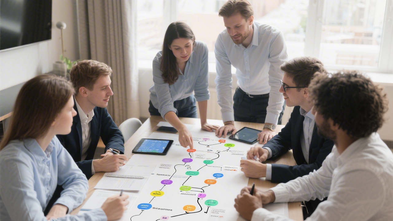 Team of hospitality specialists collaborating around digital journey map illustrating guest touchpoints from booking to post-stay feedback.